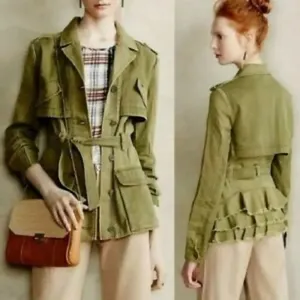 Anthro Hei Hei Olive Green Ruffled Utility Jacket thumbnail 2