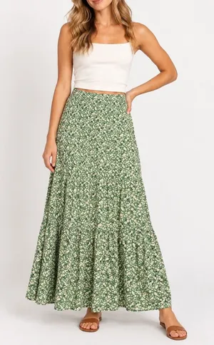 American Eagle Women's L Green Ditsy Floral Tiered Maxi Skirt Cottagecore Boho thumbnail 1