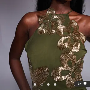 ASOS DESIGN halterneck maxi dress with 3D floral embellishment in olive green thumbnail 2