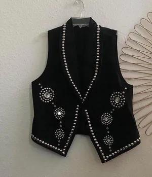 Embellished Western Silver Studded Black Denim Jean Jacket Vest Vintage 90s USA Made Rock/ Western/ Goth/ Grunge - L thumbnail 1