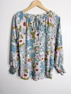 Boho Floral Flowy Peasant Top Smocked Sleeve Cottagecore Medium Romantic Prairie thumbnail 2