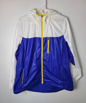 Xersion‎ Wm 1X Windbreaker Jacket Colorblock Blue White Yellow Hooded Full Zip thumbnail 1