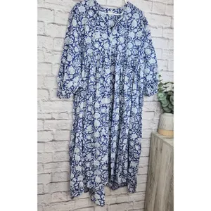 House of Sundar Maya Midi Dress 3XL Blue Iris Block Print Cotton Cottagecore thumbnail 4