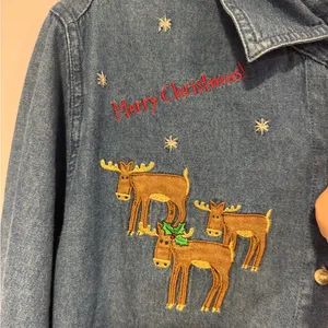 Holiday Time Christmas Santa‎ Reindeer denim button down long sleeve thumbnail 2