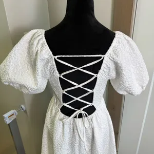 Lulus Puff Sleeve Midi Dress Floral Textured Corset Tie Back‎ Stretch Bridal M thumbnail 8