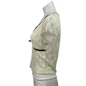 Kimchi Blue Womens White Floral Lace V-neck Short Cap Sleeve Sheer Blouse Top L thumbnail 2