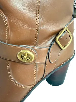 Coach Saddle Tan Leather Moto Buckle Heeled Ankle Booties Biker Size 8.5 Women's thumbnail 6