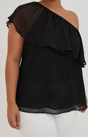 Torrid Black Metallic Lurex One Shoulder Ruffle Blouse Chiffon Party Top 0 L 12‎ thumbnail 1