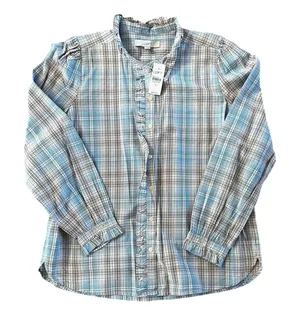 Ann Taylor NWT LOFT Blue Plaid Ruffle Button Down Blouse | Women’s Medium thumbnail 1