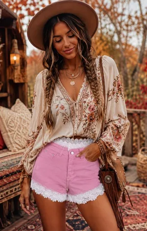 NWT Boho Pink + White Shorts Size M thumbnail 1