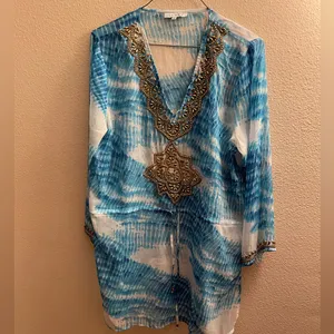 Blue Island Gorgeous Coverup/ Tops /Dress with Golden Beads Design in front & along neckline thumbnail 2