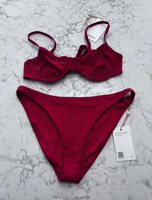NWT Quince Cherry Red Italian Demi Bikini Top & Low Rise Bottom Set Size Small thumbnail 1