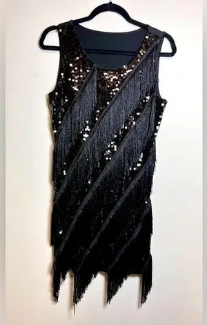 FORUM Roaring 20’s Gatsby Flapper Fringe Black Vintage Dress Women’s Sz XS EUC thumbnail 1