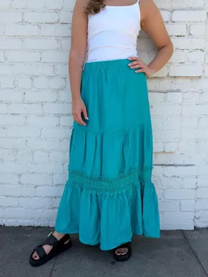 ZARA Teal boho maxi skirt with ruffled tiers and lace trim sz L #boho #festival thumbnail 2