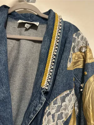 VTG 80s AFSY SzS Loose embellished denim coat gold metallic appliqué lace bead. thumbnail 11