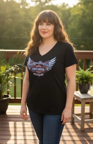 Women's Harley-Davidson Black Blue Red Graphic V-Neck Short Sleeve Tee M thumbnail 1