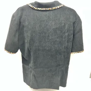 Courtenay Women’s Short Sleeve Casual Black Button Down Top w/Leopard Print Trim thumbnail 6