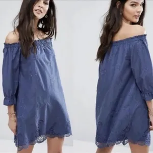 Abercrombie &‎ Fitch Off the Shoulder Blue Embroidered Loose Fit Dress Small thumbnail 2
