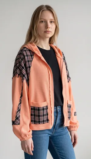 POL Womens Peach Waffle Knit Plaid Flannel Trim Zip Up Hoodie MFT584 Orange M thumbnail 1