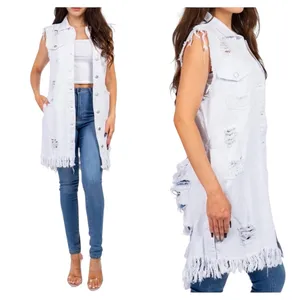American Bazi Los Angeles long destroyed ripped jacket vest jean denim button 3X thumbnail 2
