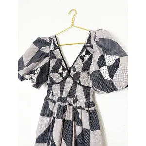 Bohme Brielle Patchwork Midi Dress Size Medium Puff Sleeve Check Plaid Boho thumbnail 9