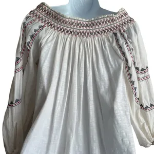 Vintage America Blues Women Top S Ivory‎ 3/4 Sleeve Embroidered Boho Festival thumbnail 4