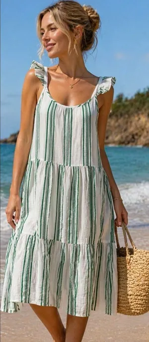 PJ Salvage Green Stripe Cotton Tiered Midi Dress Ruffle Strap Summer Size L thumbnail 1