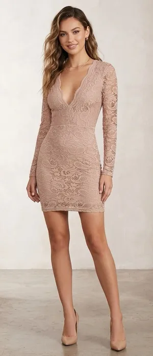 Windsor Long Sleeve Lace Bodycon Dress in Blush Size XS 90% Nylon thumbnail 1