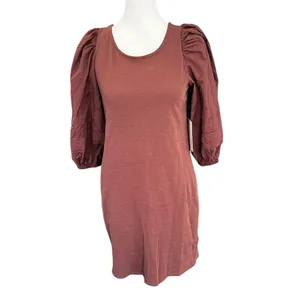 Nation LTD Calissa Brown Cotton Puff Sleeve Open Back Bow Mini Dress NWT XS thumbnail 5