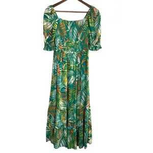 Betsey Johnson Maxi Dress Small Green Palm‎ Leaf Tropical Smocked Puff Sleeve thumbnail 13