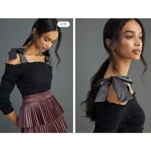 Anthropologie Black Smocked Off Shoulder Top with Satin Ribbon Ties Small thumbnail 2