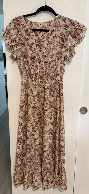 Amazon Floral Maxi Dress in Cream with Rust and Green Accents thumbnail 1