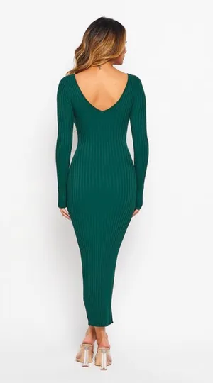 Hunter Green Deep V Neck Ribbed Dress thumbnail 2