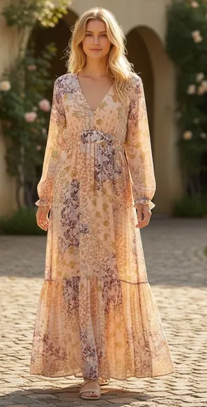 WAYF Small Maxi Dress Peach Floral Patchwork V Neck Bell Sleeve Tiered Boho Chic thumbnail 1
