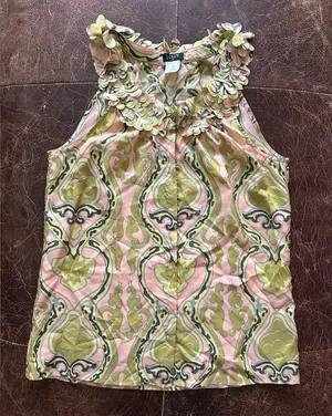 J. Crew Silk Pink and Green Medallion Patterned Sleeveless Petal Ruffle Neck Top thumbnail 1
