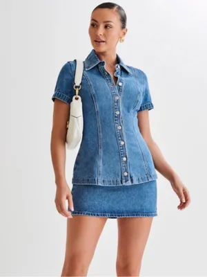 MESHKI NWT Ellie SET - medium Blue Denim Button-Front top & mini denim skirt thumbnail 3