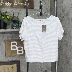 NWT Levi's Striped Britt Cotton Snap-Front Top A50550006 2X Sade Stripe Blue thumbnail 3