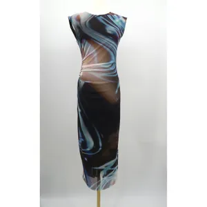 Zara Mesh Abstract Swirl Print‎ Ruched Midi Dress Blue Purple Brown Medium thumbnail 4