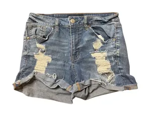 Aeropostale High Waisted Midi Blue Denim Jean Shorts Cuffed Size 6 Distressed thumbnail 1