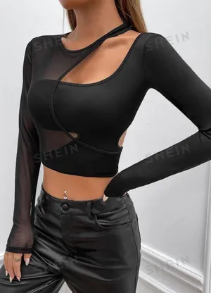 SheIn Black Asymmetrical Contrast Mesh Cut Out Crop Top thumbnail 3