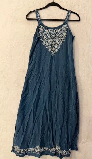 L'Pogee Denim Maxi Dress Womens Sleeveless Embroidered Boho Chambray Blue Long thumbnail 1