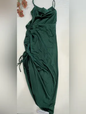 Satin Cowl-Neck Ruched Midi Dress in Emerald thumbnail 2