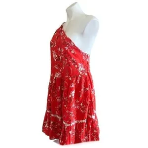 FREE PEOPLE All Mine Red Floral One Shoulder Ruffle Hem Mini Dress Size XS thumbnail 7