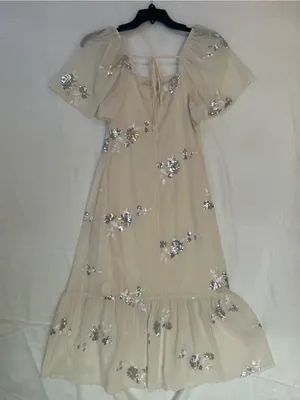 Cream Midi Dress with Silver Sequin Floral Embellishments, Ruffled Hem, Medium. thumbnail 8
