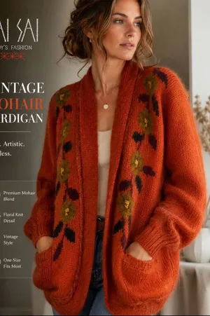 Vintage 80's Sai Sai Cardigan Women's Mohair Sweater Orange Floral L Large Lined thumbnail 1