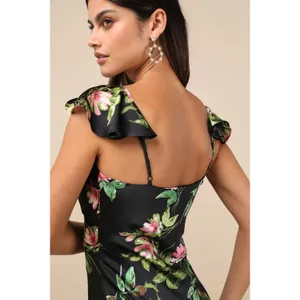 NWT Lulus Captivating Grace Black Floral Satin Ruffled Maxi Dress Cruise Gala S thumbnail 9