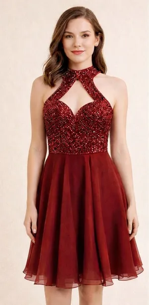 Sherri Hill‎ Red Halter Fit & Flare Cocktail Dress Women's Size 2 Beaded Formal thumbnail 1