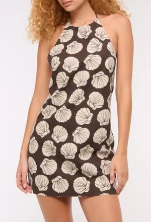 NWT Abercrombie & Fitch Open Back Halter Linen Blend Mini Dress in Seashell Print - S thumbnail 1