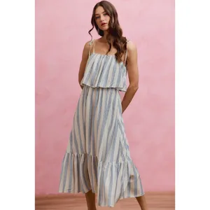 SO ME Stripe Tiered Shoulder Tie Midi Lined Dress - Medium thumbnail 5