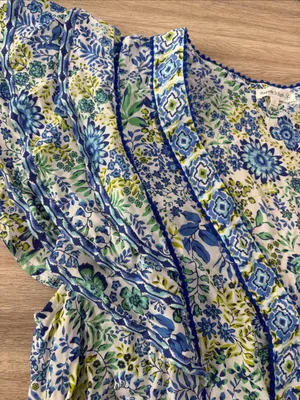 Poupette St Barth Short Sleeve Tiered Mini Dress Women Size Small Blue Green thumbnail 7